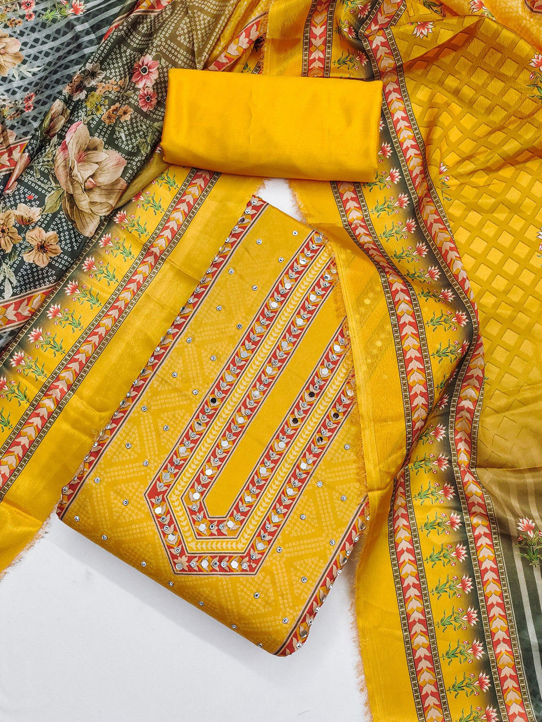 LeeliPeeri Designer Floral Printed Embellished France Silk Unstitched Dress Material