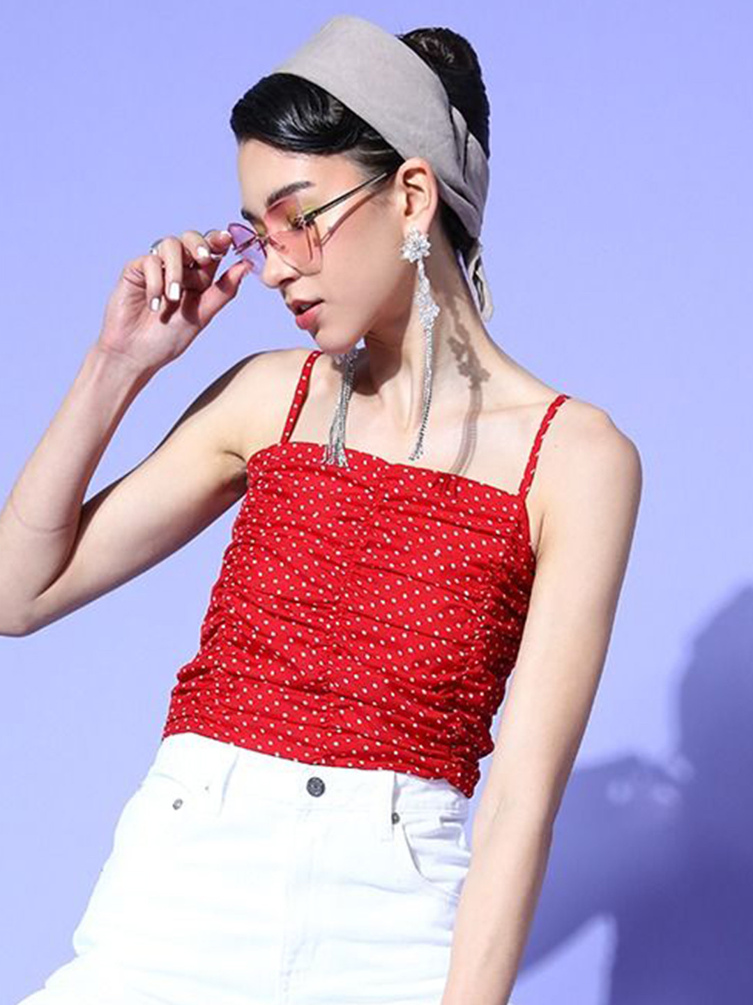 Moda Rapido Women Red Polka Dot Square Neck Crepe Top