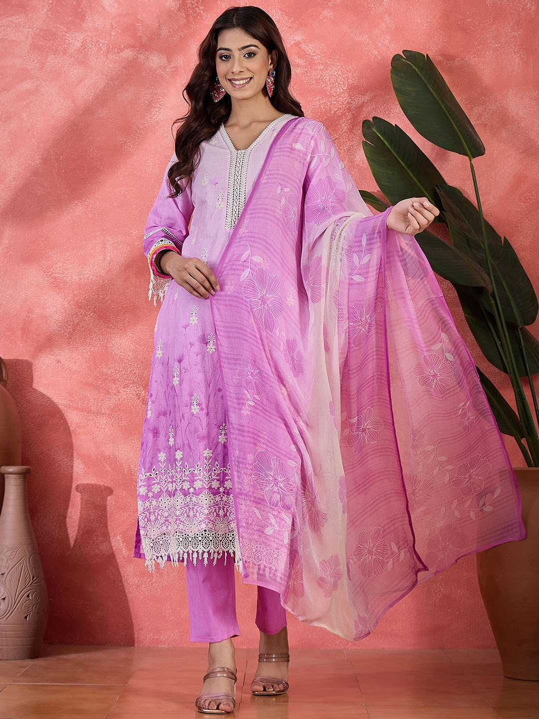 Sangria Floral Embroidered Kurta With Trousers & Dupatta