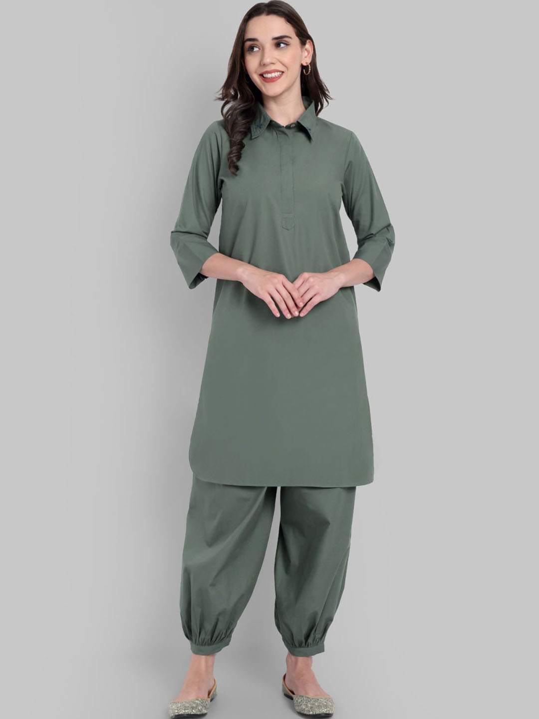 Mera Rang Women Shirt Coller Pure Cotton Kurta with Harem Pants