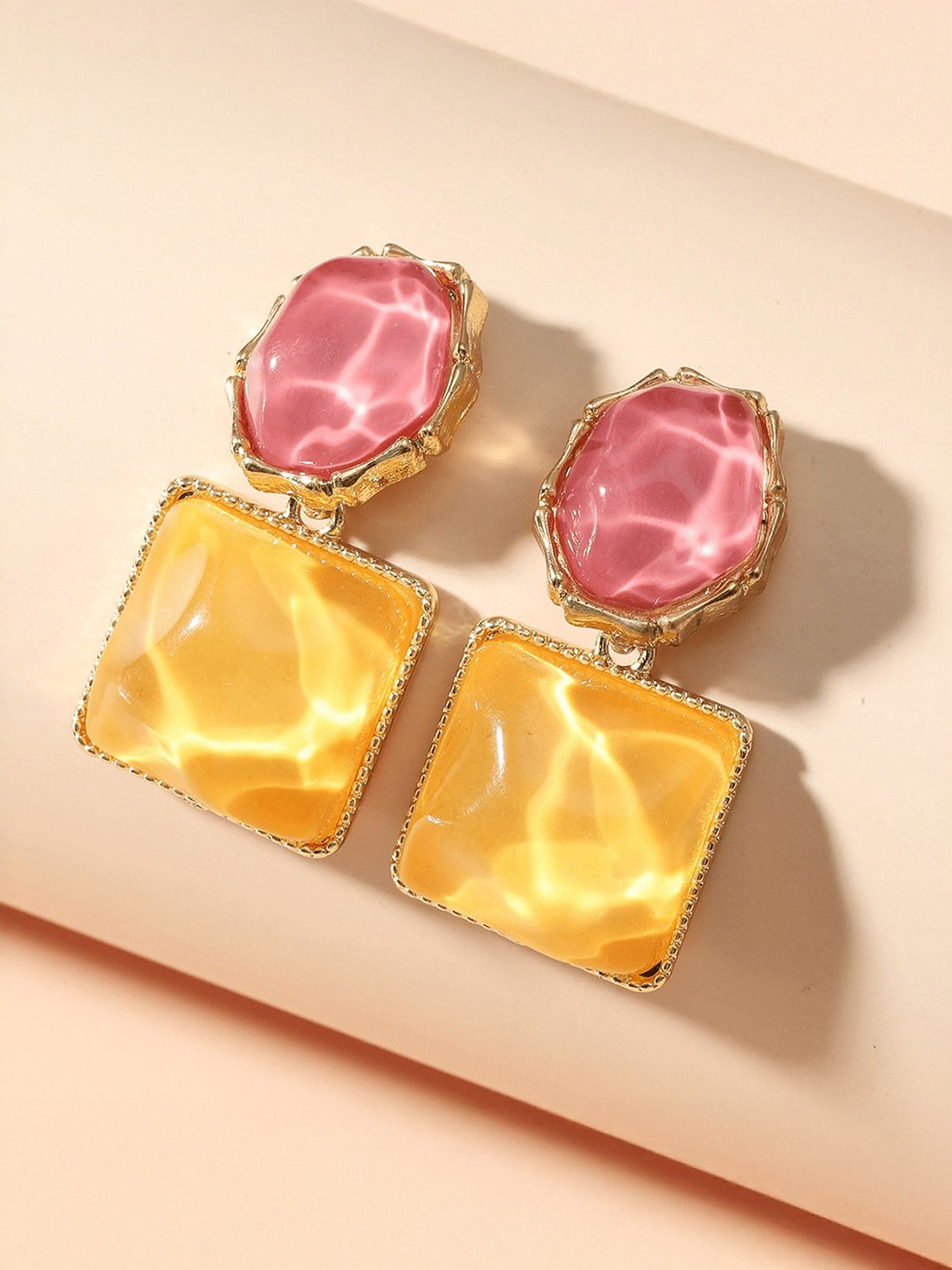 PASU FASHION Gold-Plated Crystals Stones Studded Geometric Drop Earrings