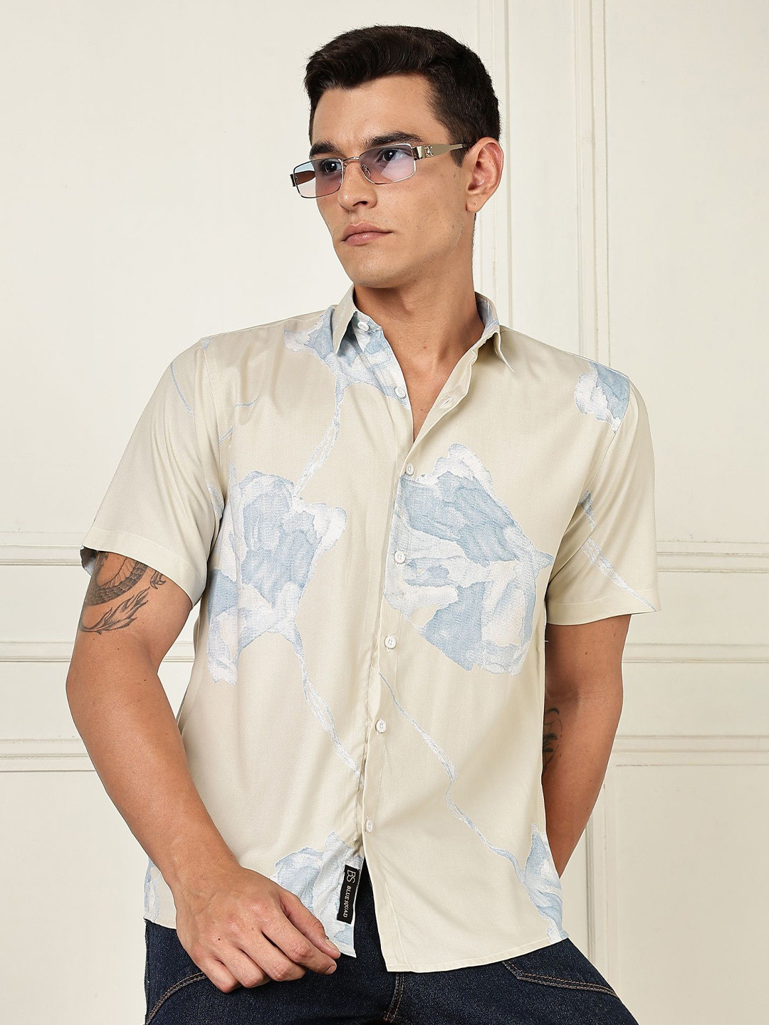BS BLUE SQUAD Men India Slim Tailored Fit Floral Printed Spread Collar Casual Shirt