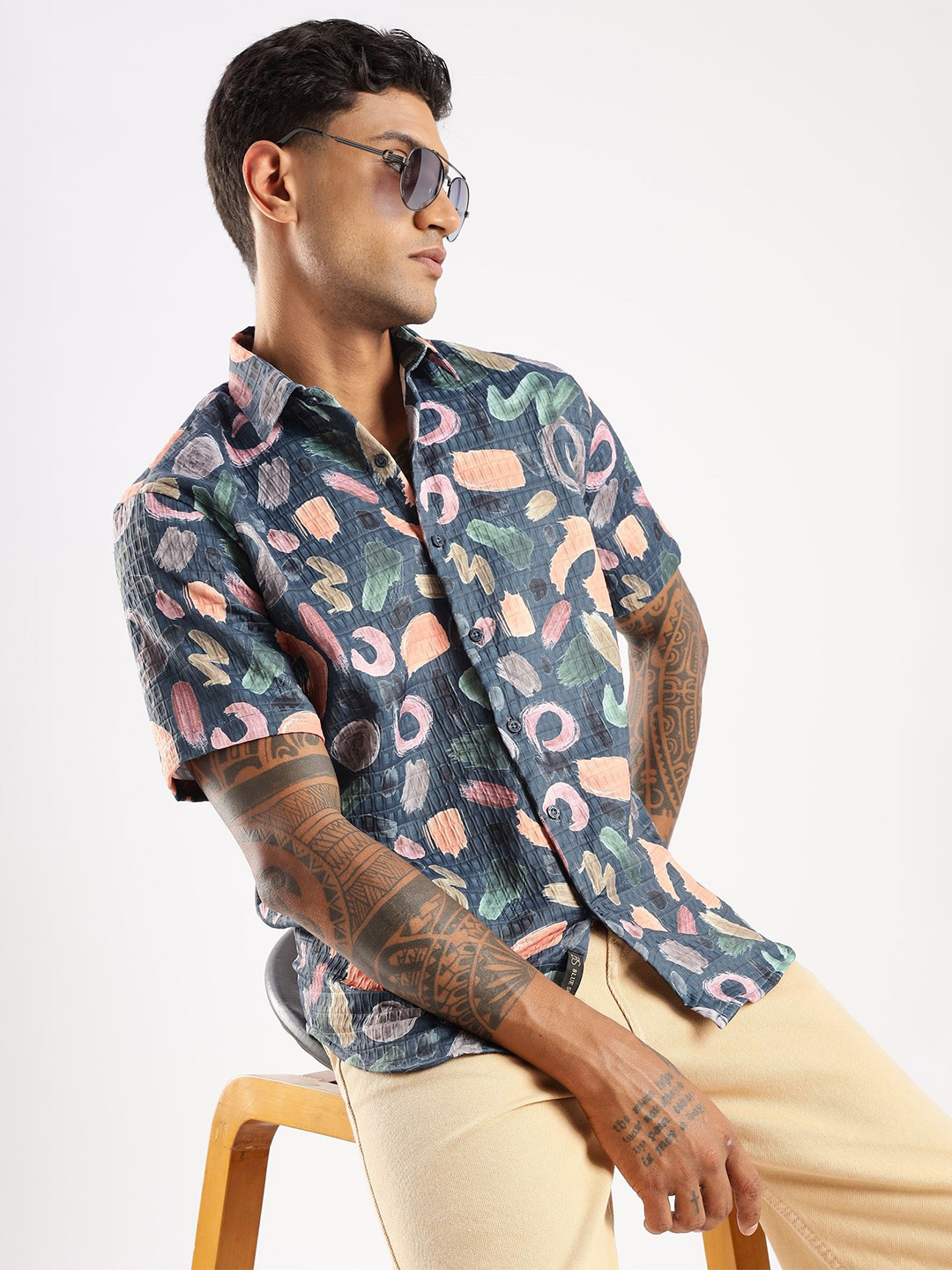Abstract Printed Casual Shirt with Spread Collar
