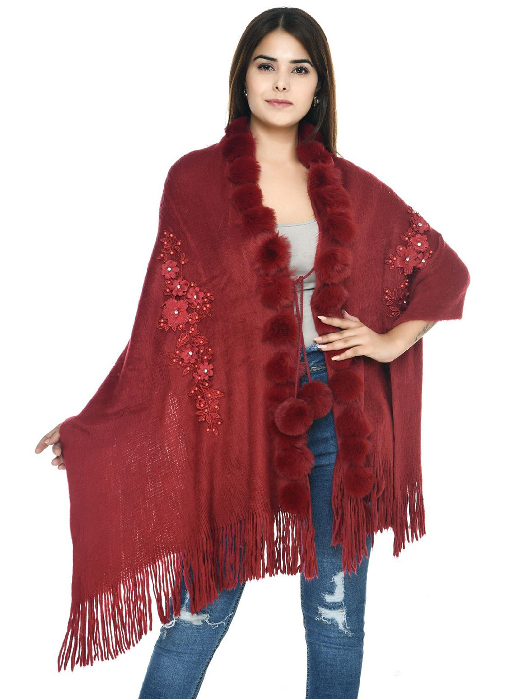 Manra Women Elegant Embroidered  Embellished Wool Stole with Fur Ball Charms