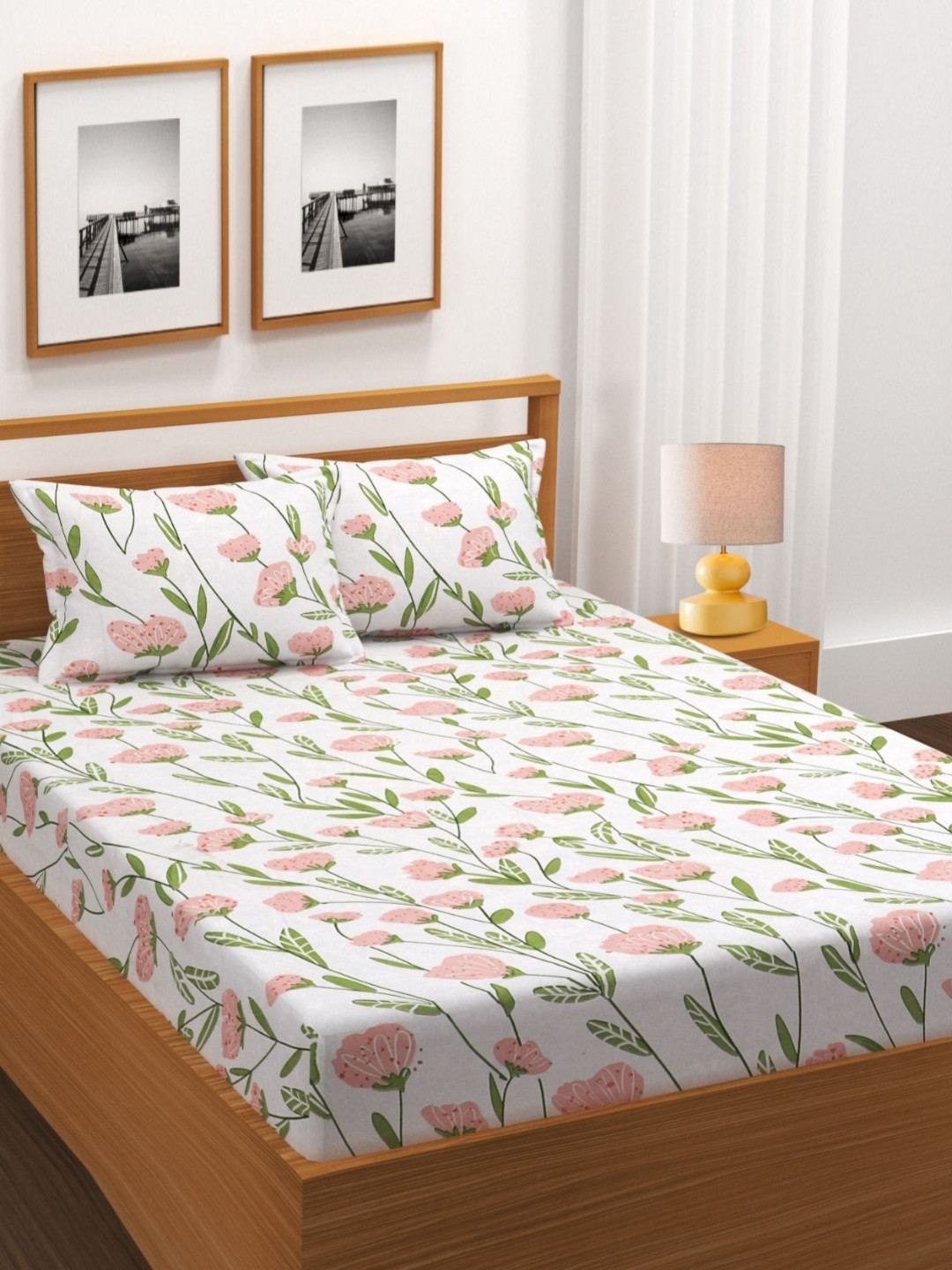 BLUEDOT White & Pink Floral Printed 144 TC King Bedsheet Set 2.28 m x 2.28 m