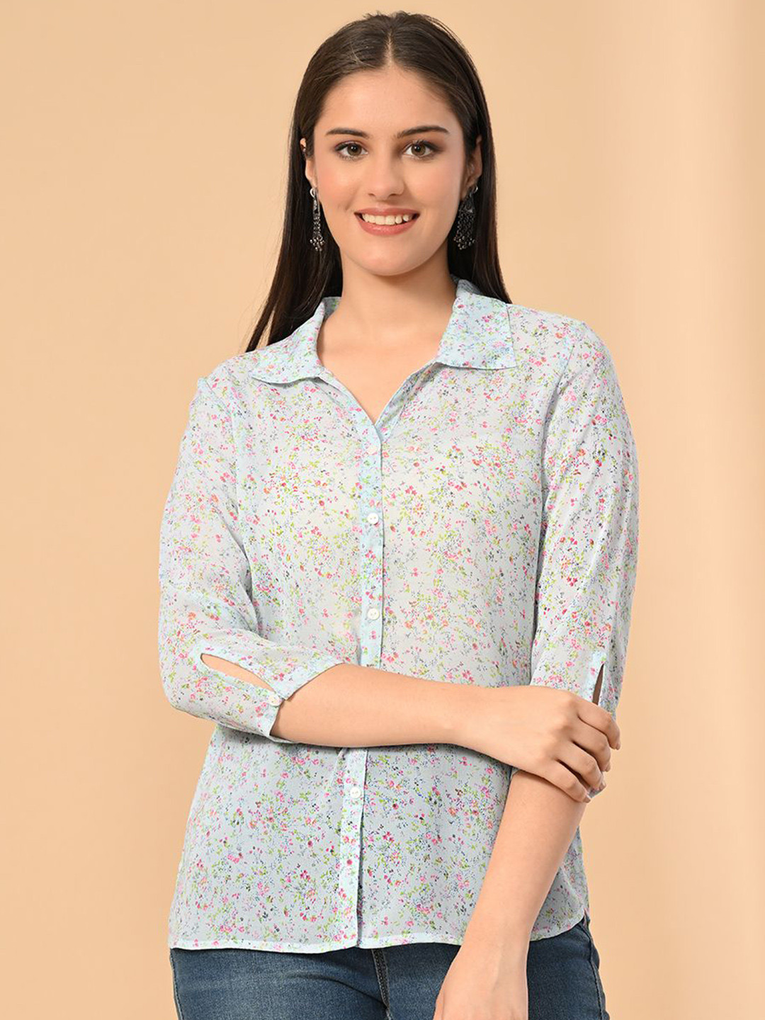 MEESAN Women Floral Print Georgette Shirt Style Top
