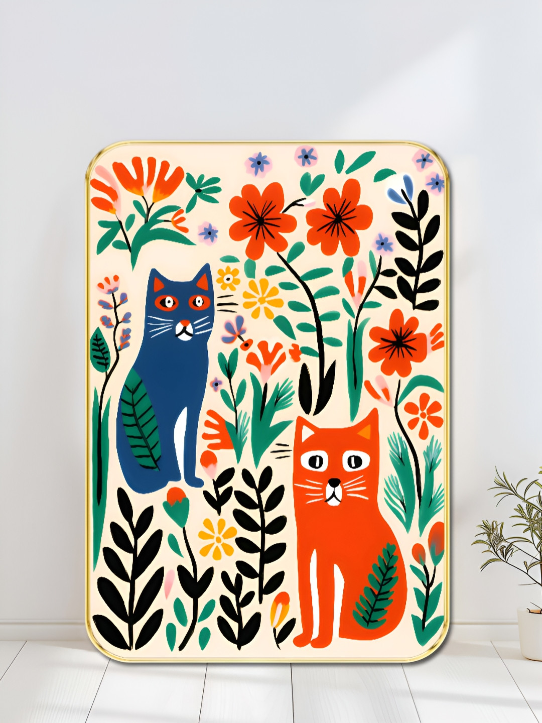 SAF Off White & Blue Colorful Cat and Floral Sparkle Wooden Wall Art