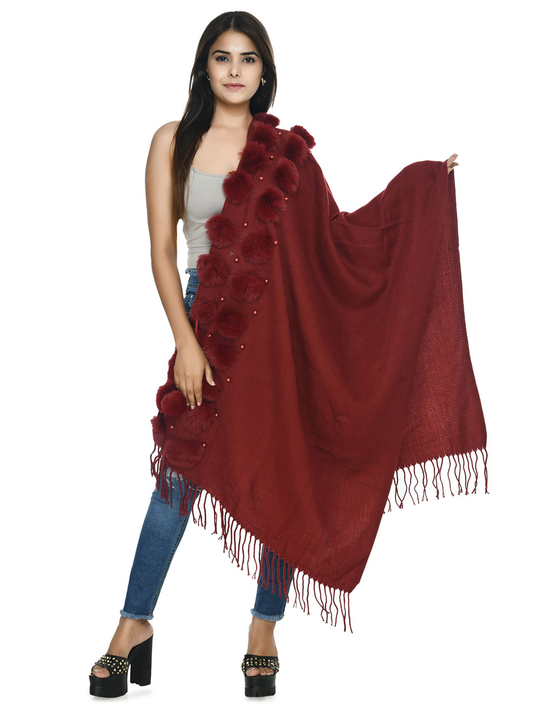 Manra Women Wool Stole with Fur Ball Charms & Fringed Border