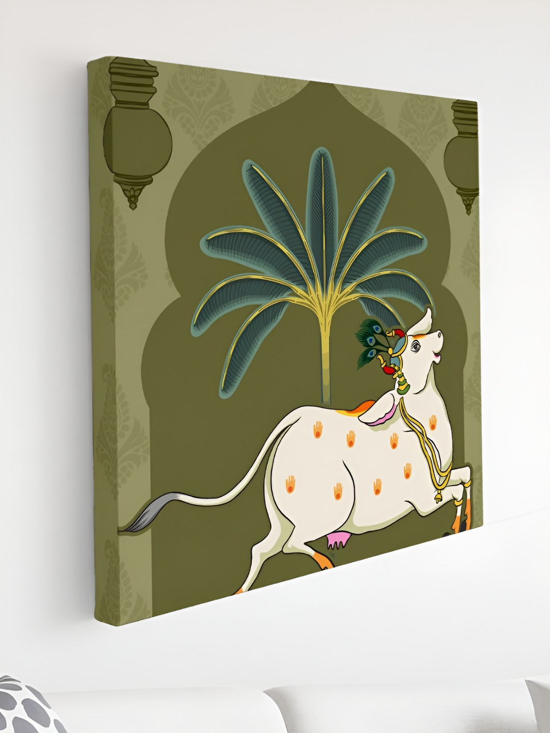 SAF Green & White Cow Printed Canvas Wall Art