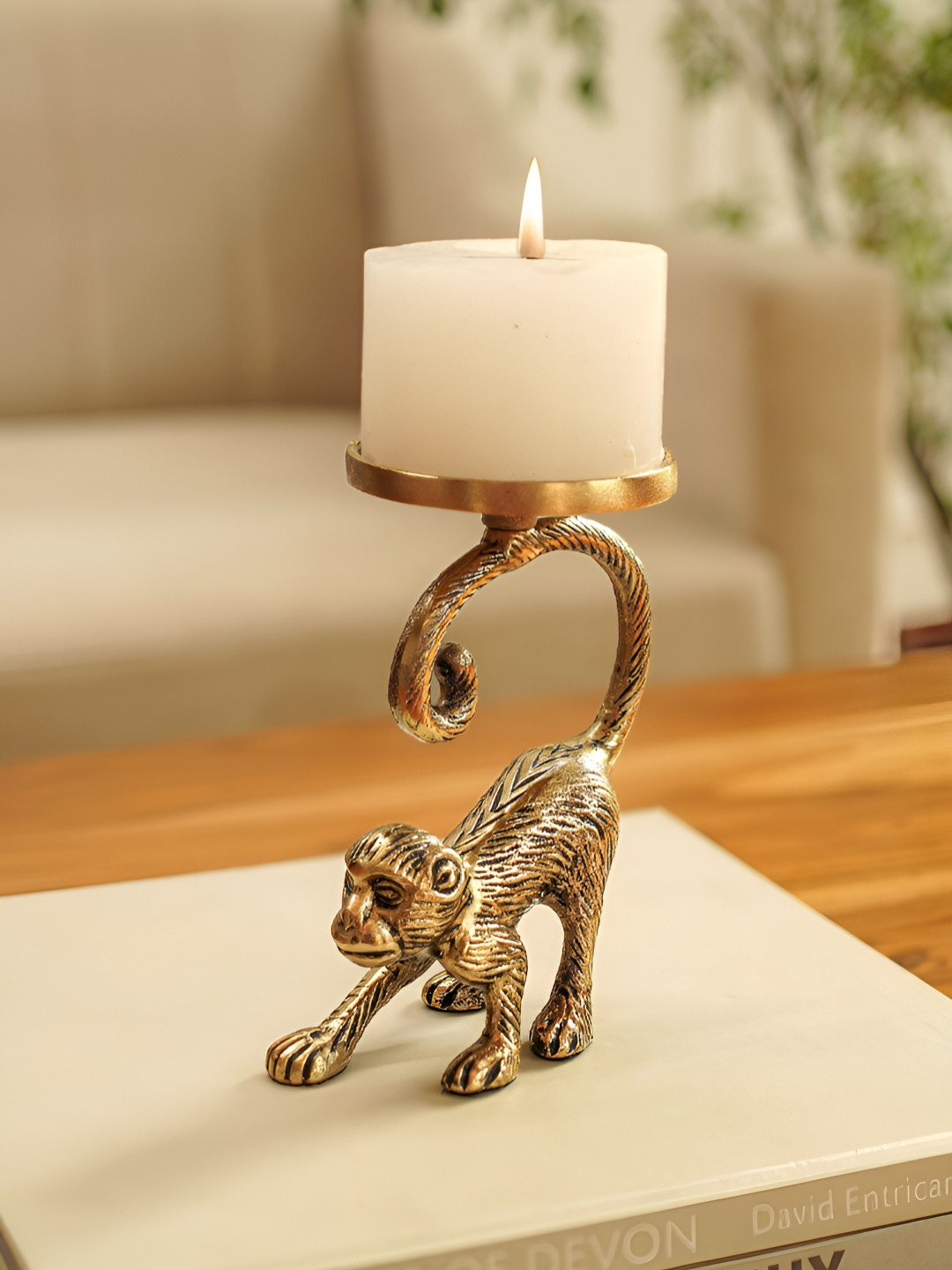 BEHOMA Monkey Candle Holder Gold Metal Metallic Living Room Large Showpiece - 6.2 Inches