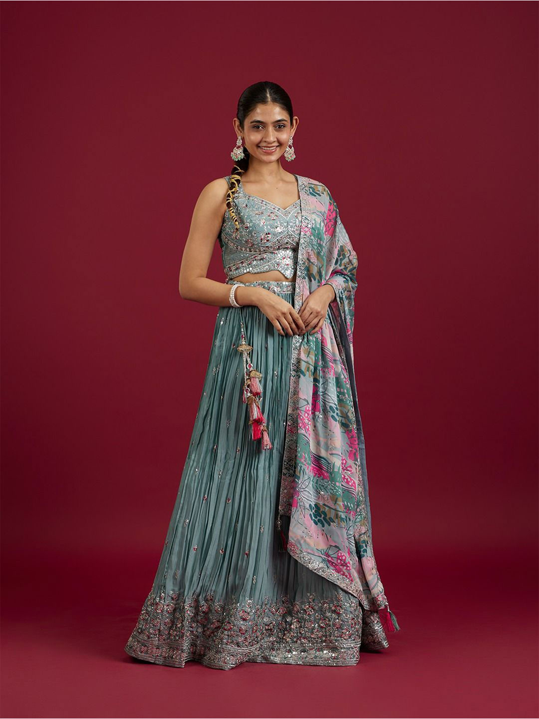 MOHEY Floral Embroidered Sequinned Ready To Wear Lehenga & Blouse With Dupatta