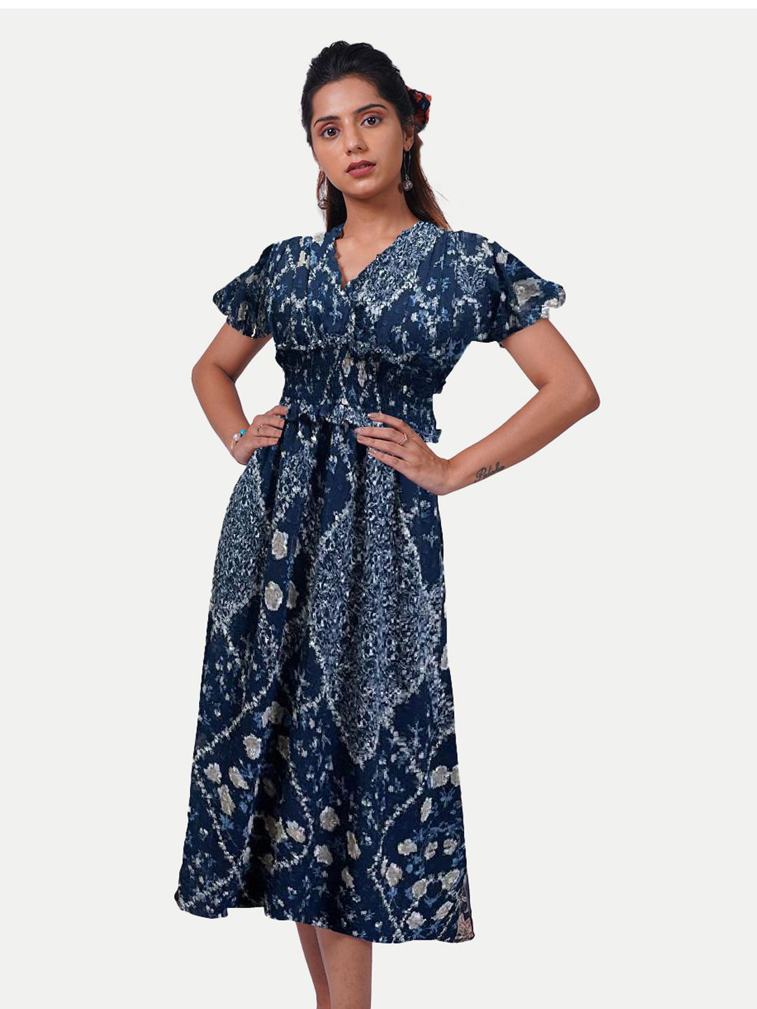 Radprix Women Floral Printed V-Neck Fit & Flare Midi Dress