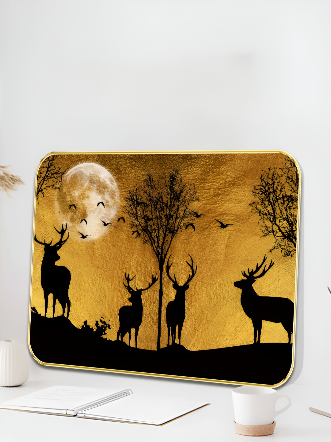 SAF Moon Deer Wood Wall Rectangle Paintings Wall Art - 24 x 18In