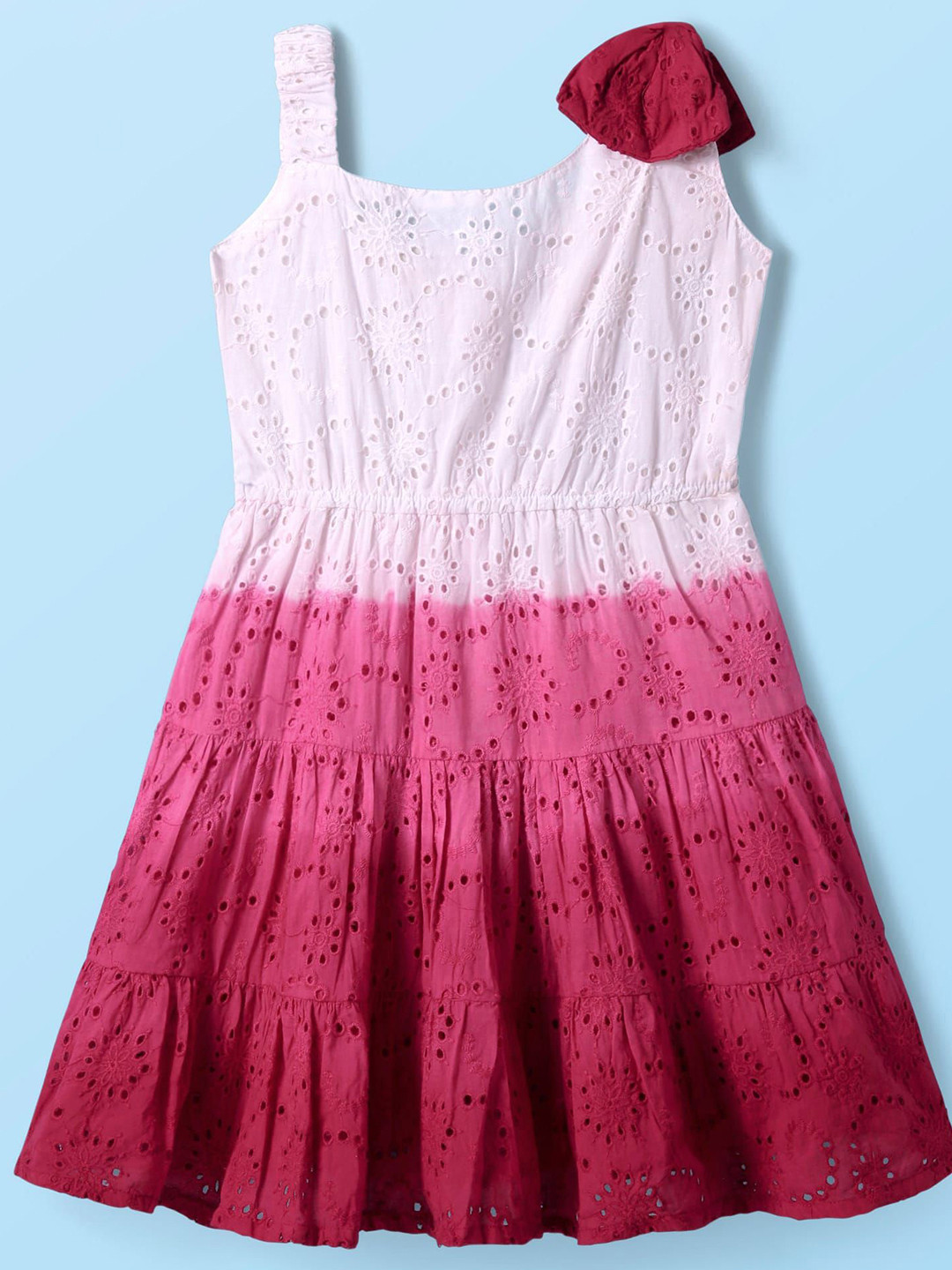 ARIAS By LARA DUTTA Girls Floral Self Design Schiffli Tiered Fit and Flare Dress