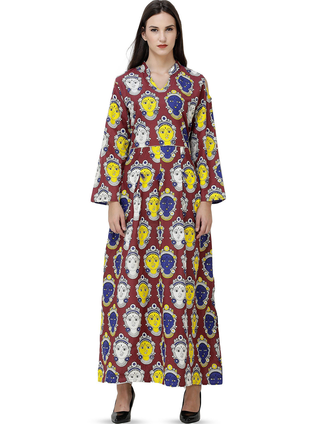 Exotic India Women Long Gown with Kalamkari Printed Goddess and Slit Shoulders