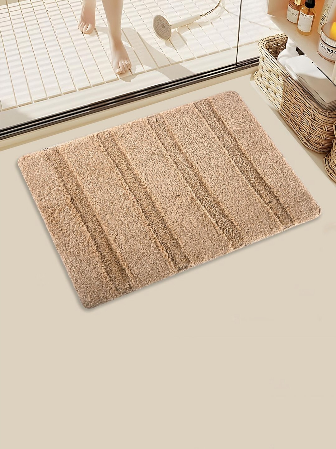 Myntra Elegant Homes Gold Striped 110 GSM Microfibre Bath Rugs