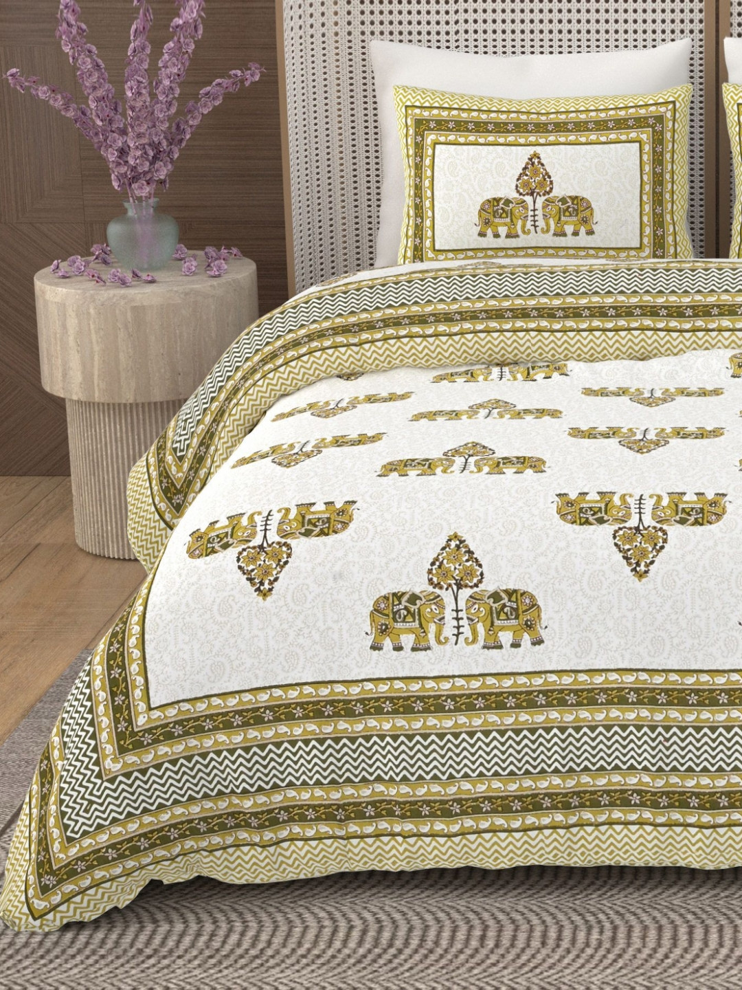 Urban Jaipur Elegancevc Ollection Mustard Ethnic Motifs Cotton 186 TC Queen Fine Bedsheet with 2 Pillow Covers-90 x 108 inches