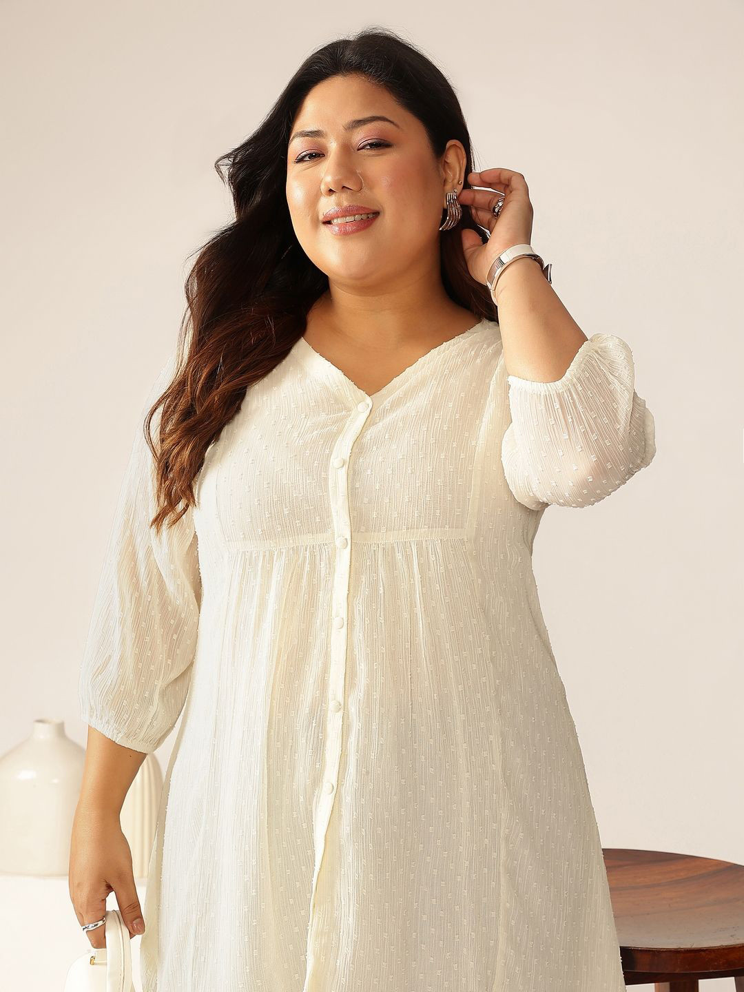 Janasya Women Plus Size Off White Dobby Chiffon Self Design A-line Tunic