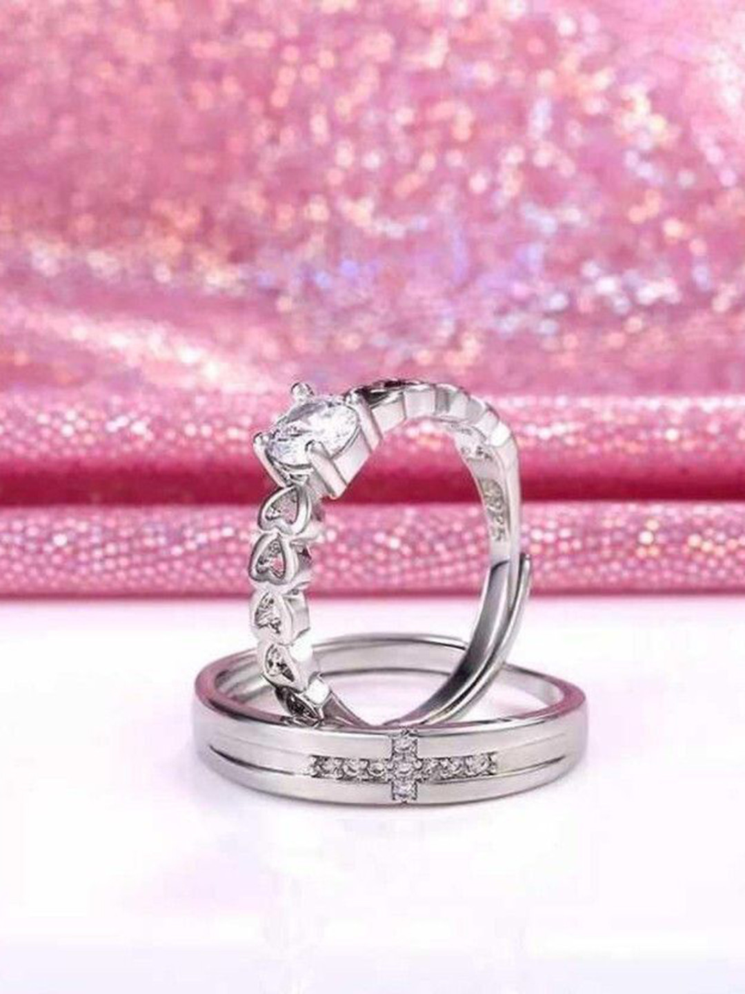 Crazy Fashion Stainless Steel Set Of 2 Artificial Stone Studded Couple Finger Rings