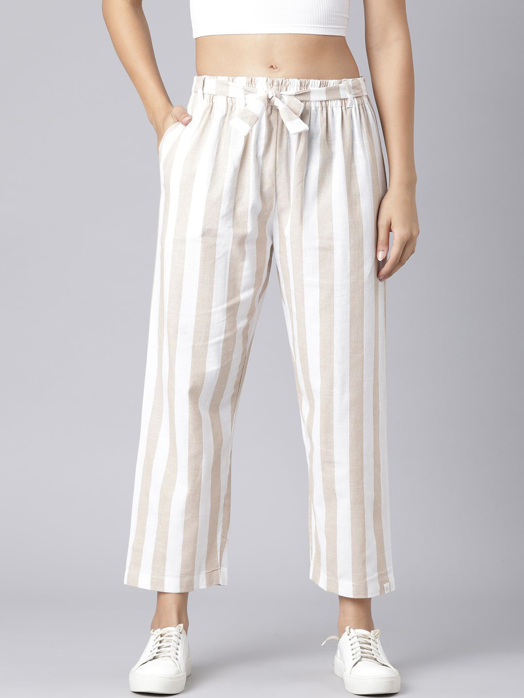 TWIN BIRDS Women Cream Knots Knotted Striped Palazzo