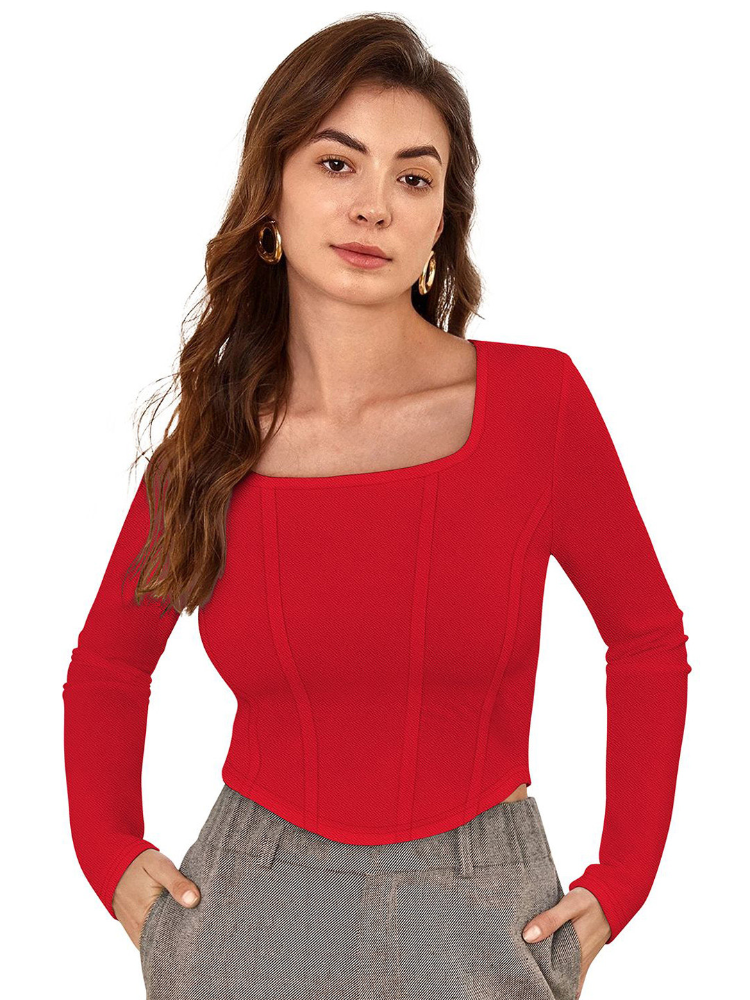 DHRUVIL IMPEX Women Cherry Red Textured Square Neck Long Sleeves Corset Crop Top