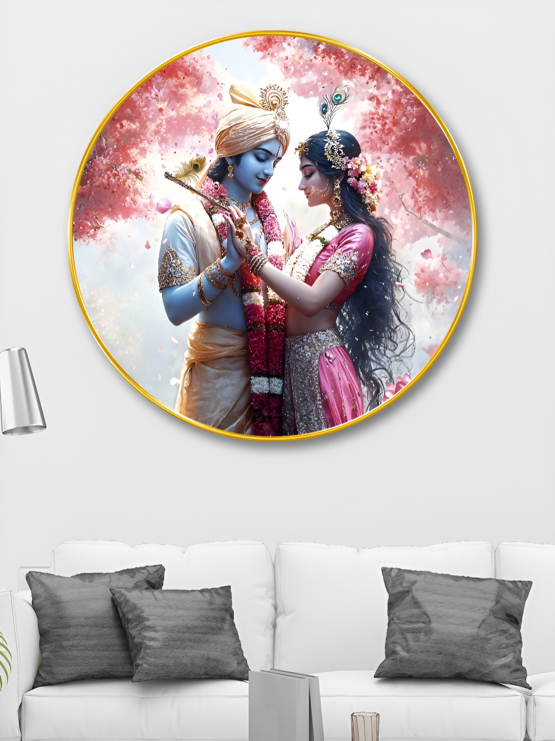 SAF Radha Krishna Wood Wall Round Paintings Wall Art -15.7x15.7In