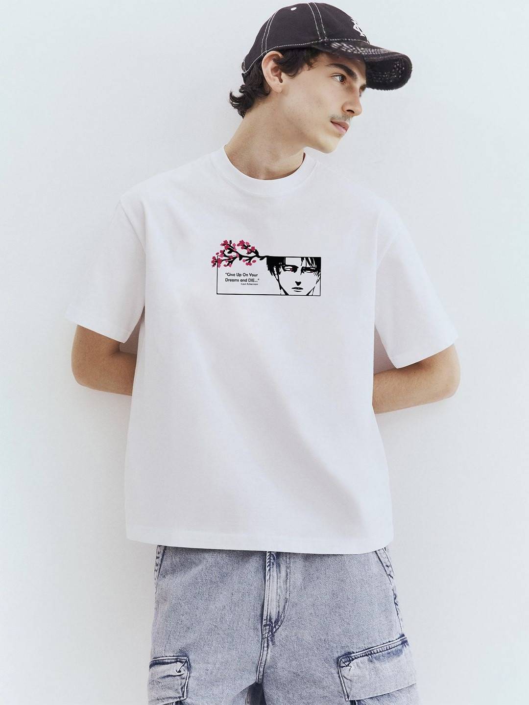 WHITE HUSK Levi Attack On Titan Anime Printed White Oversized T-shirt