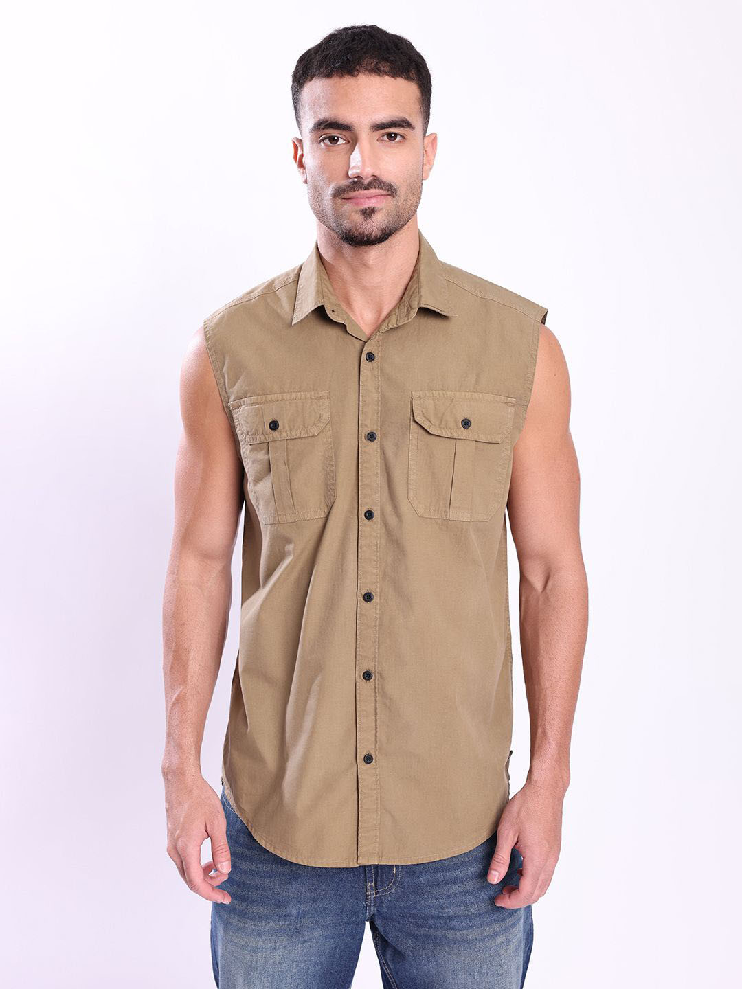 Bene Kleed Spread Collar Double-Pocket Sleeveless Cotton Regular Fit Casual Shirt