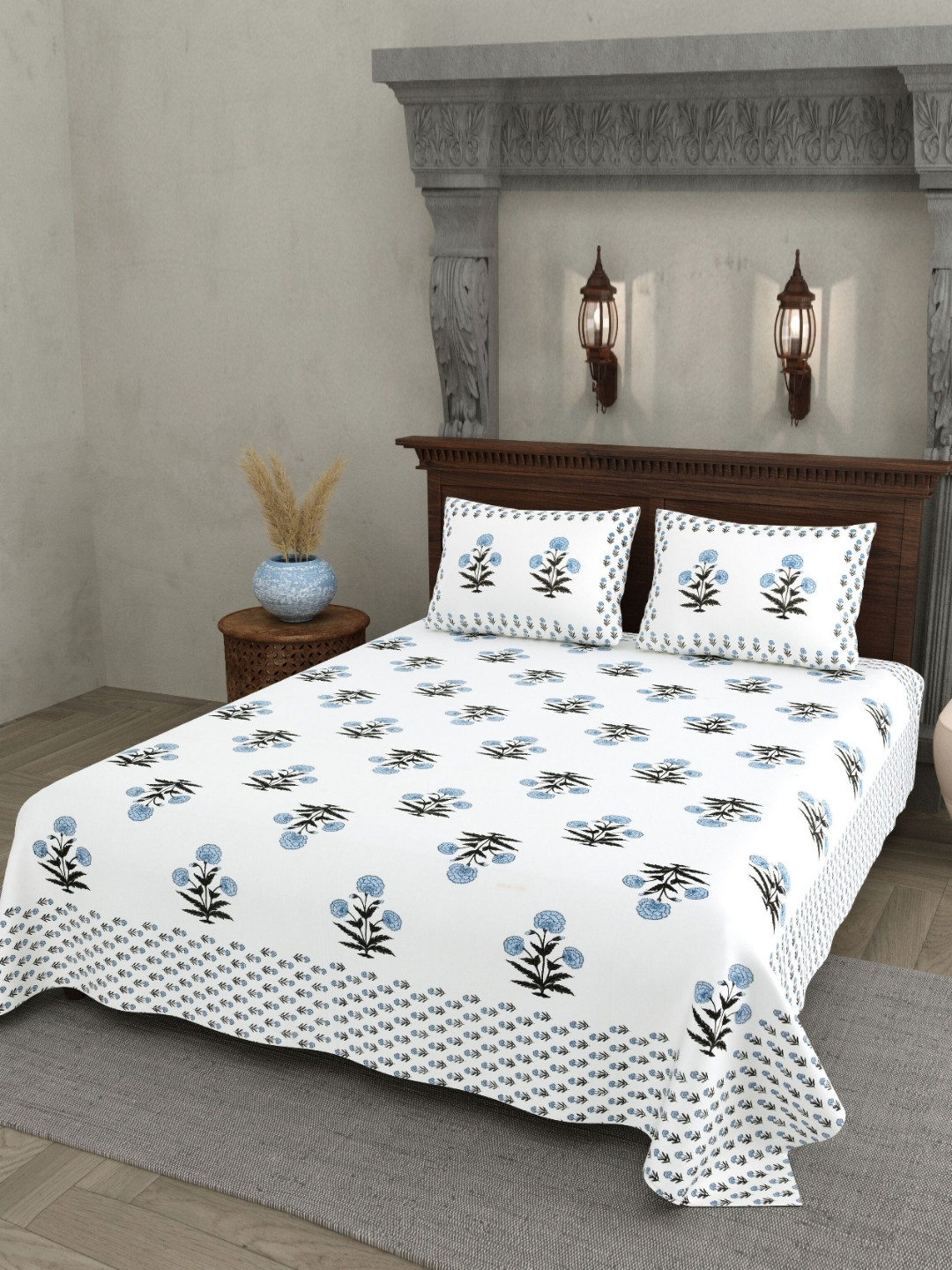 JAIPUR PRIME White Floral Pure Cotton 200 TC Double Superfine Bedsheet with 2 Pillow Covers-108 x 90 inches