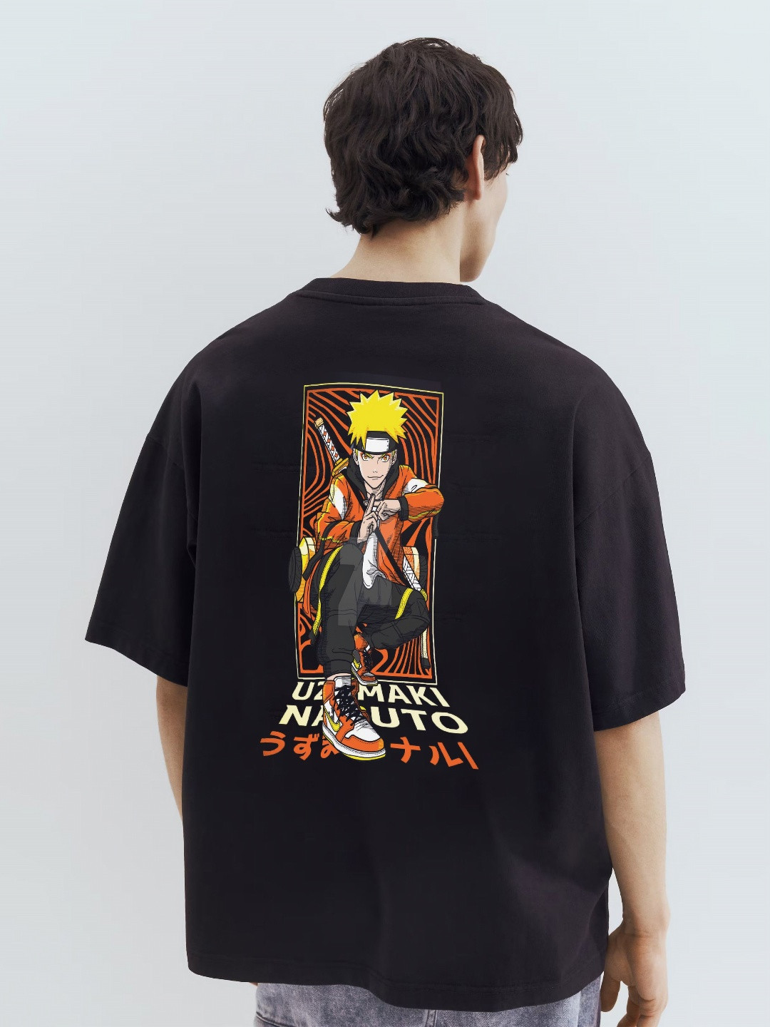 WHITE HUSK Men Naruto Streetwear Cotton Oversized T-shirt