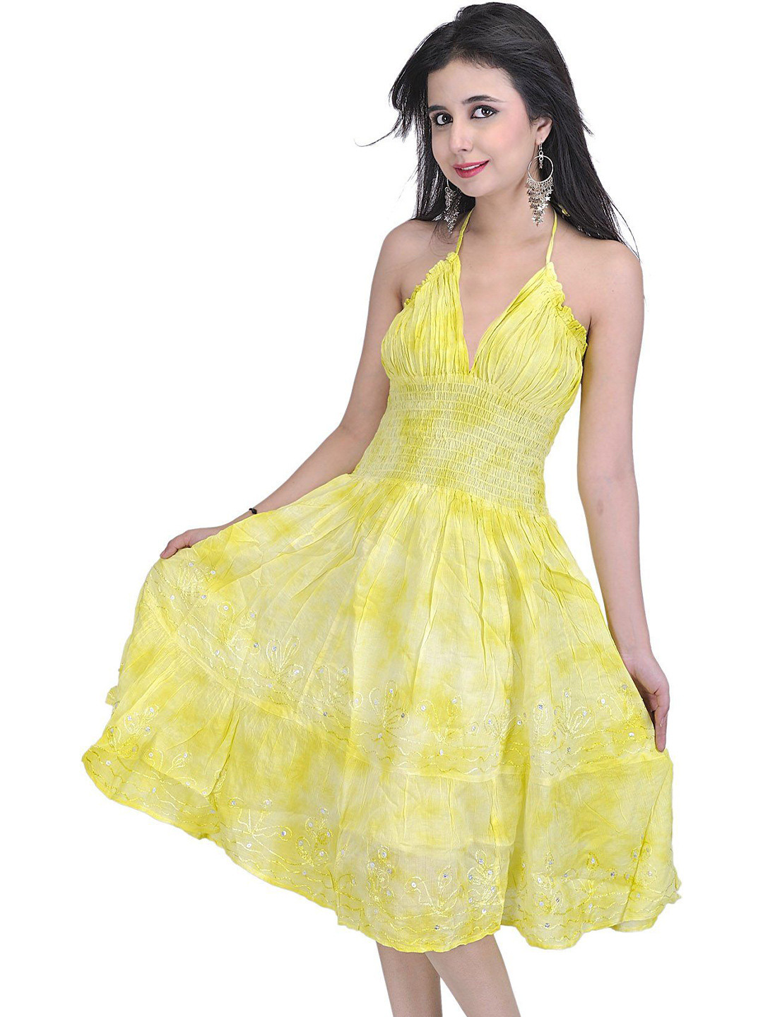 Exotic India Women Vintage Style Halterneck Dress with Sequins and Thread Work