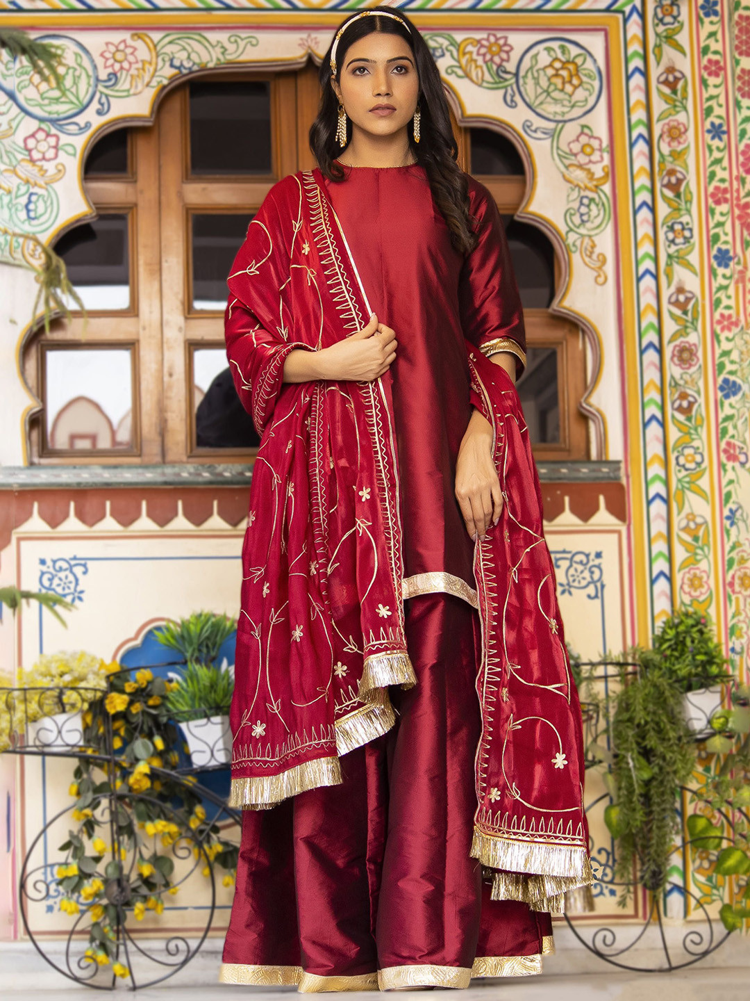 Bannhi by Priyanka Rathore  Women Regular Pure Silk Kurta with Palazzos & With Dupatta