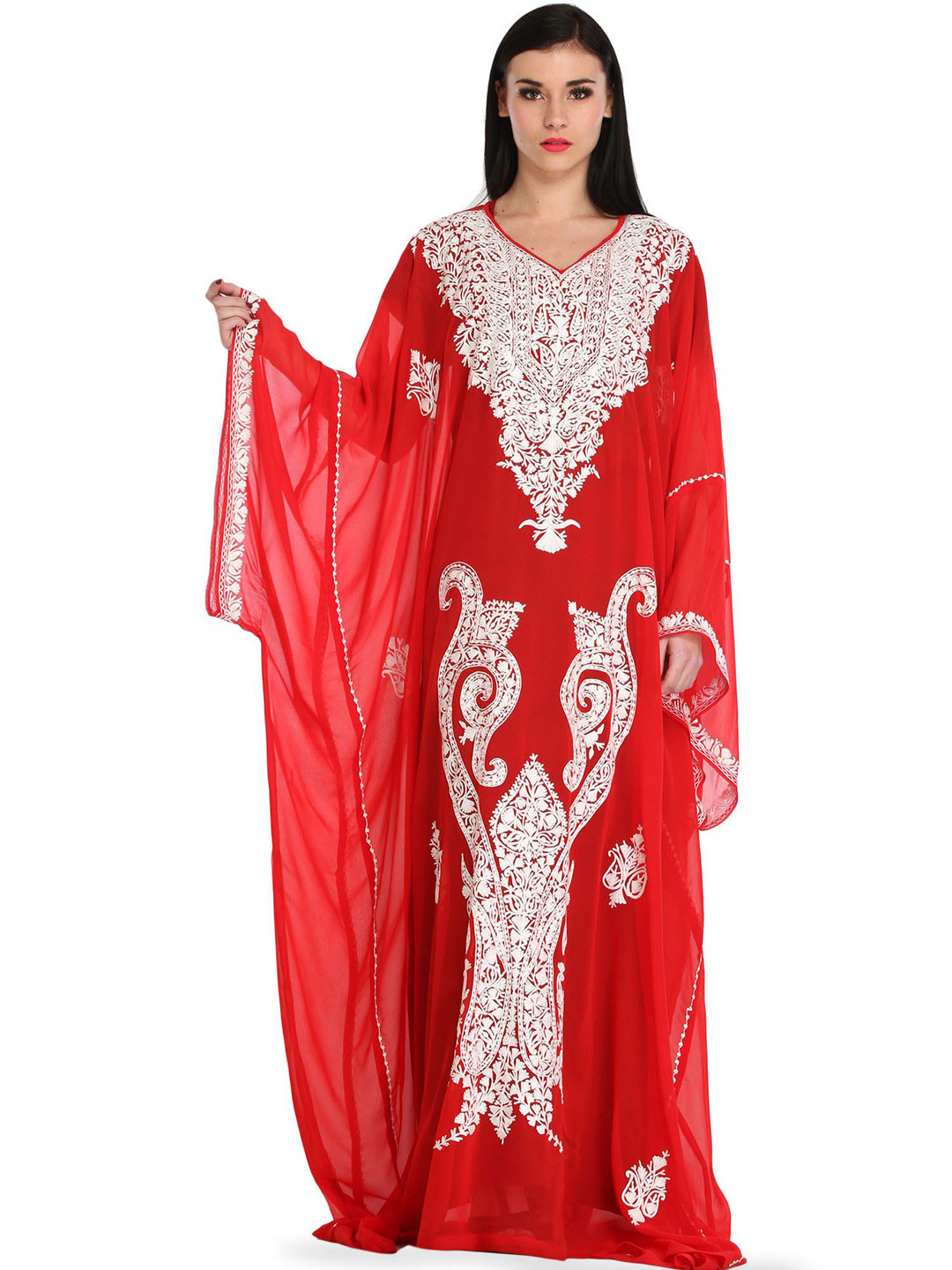 Exotic India Women Chinese-Red Two-Piece Kaftan Dress