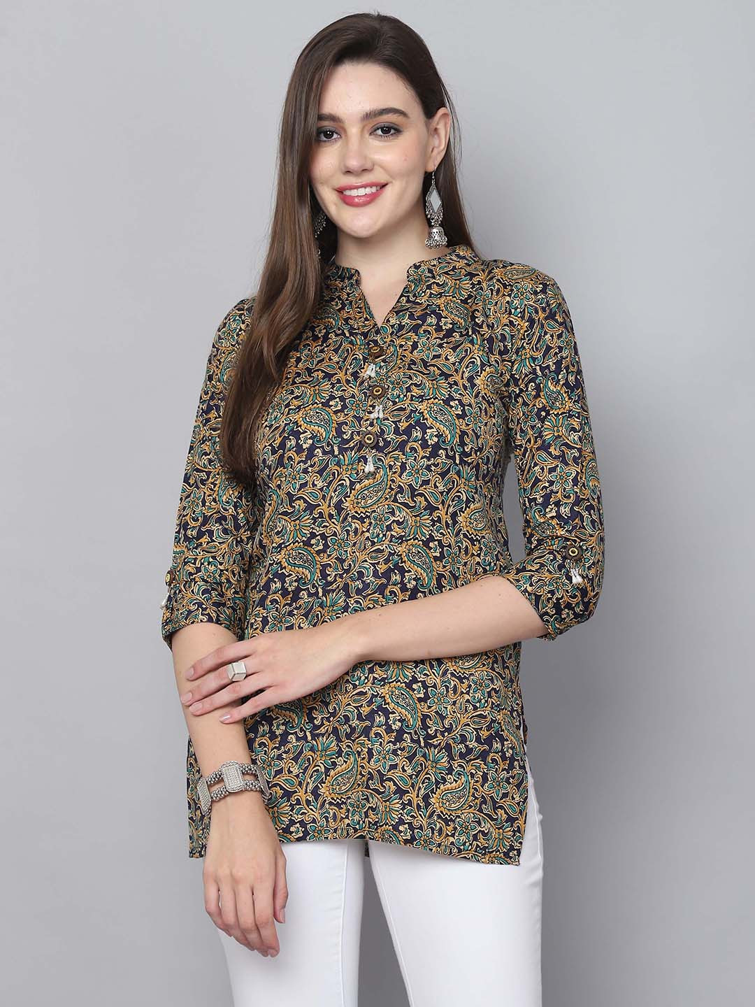 Merira Floral Printed Mandarin Collar Cotton Silk Kurti