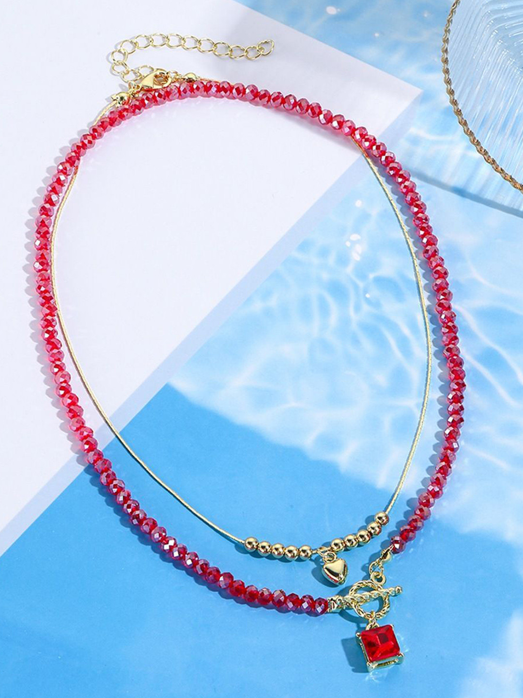 StyleCast x Revolte Gold-Plated Artificial Stone Studded & Baeded MInimal Necklace