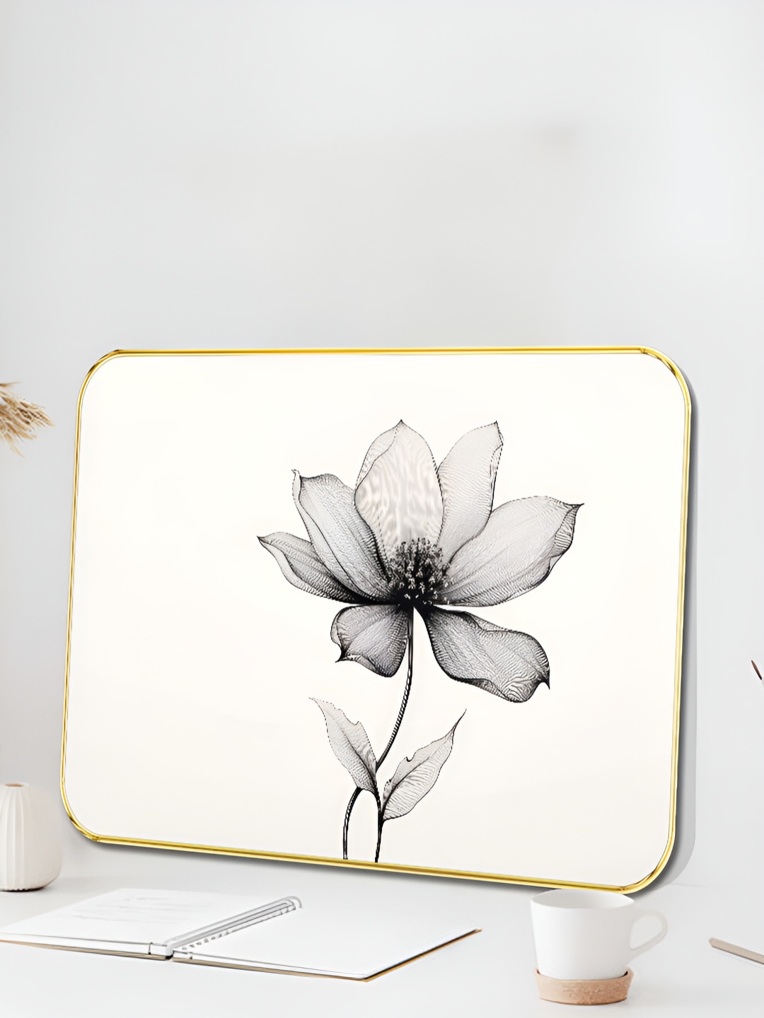 SAF Off White & Black Elegant Lotus Flower Wooden Wall Art