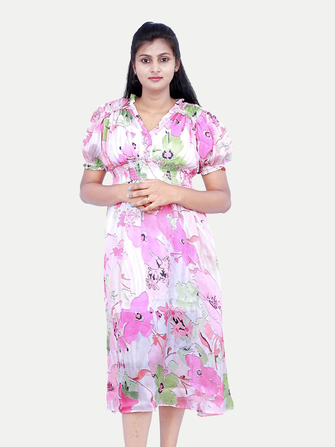 Radprix Floral Print Puff Sleeve Fit And Flare Midi Dress