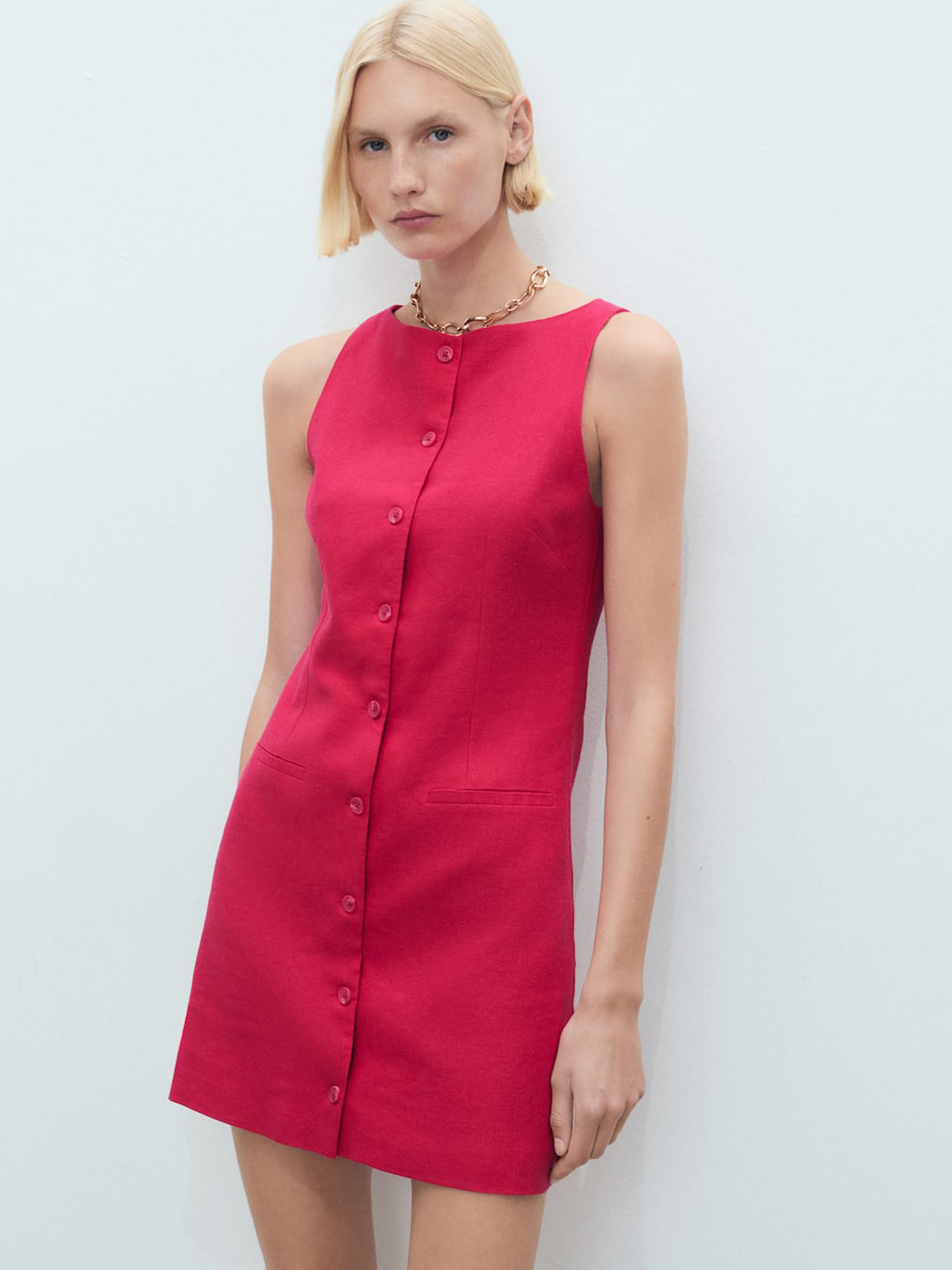 MANGO Boat Neck Button-Down Mini Sheath Dress