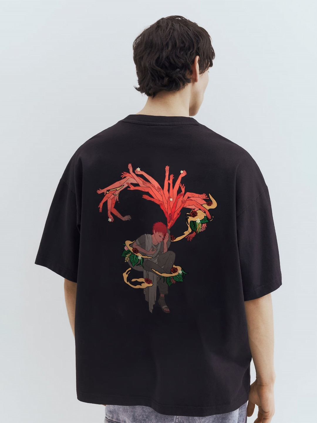 WHITE HUSK Gaara Hand Naruto Anime Printed Cotton Oversized T-shirt