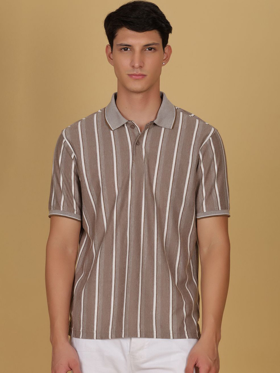 V-Mart Striped Printed Pique Polo Collar Multi or Variegate Stripes T-shirt