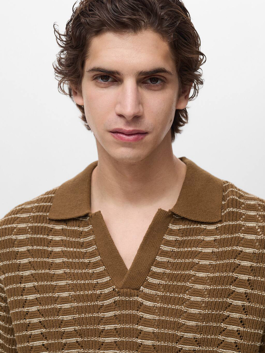 MANGO MAN Self Design Knitted Polo Collar T-shirt