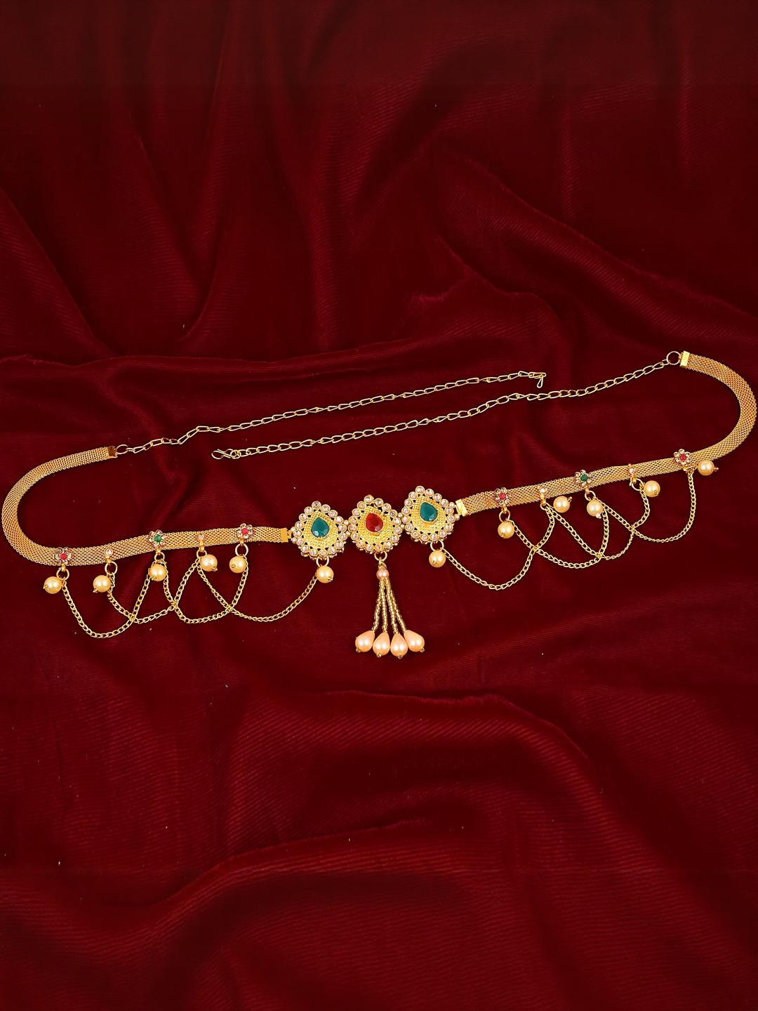 MEMOIR Goldplated Faux Emerald & Ruby with American Diamond Traditional Jewellery Set