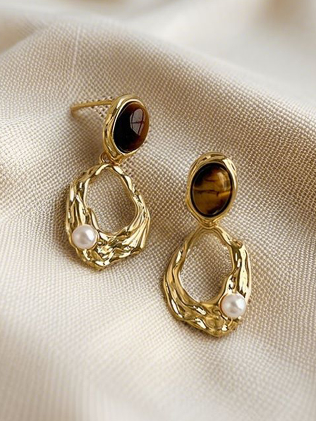 DIVASTRI Korean Gold-Plated Stones Studded & Pearls Beaded Contemporary Drop Earrings
