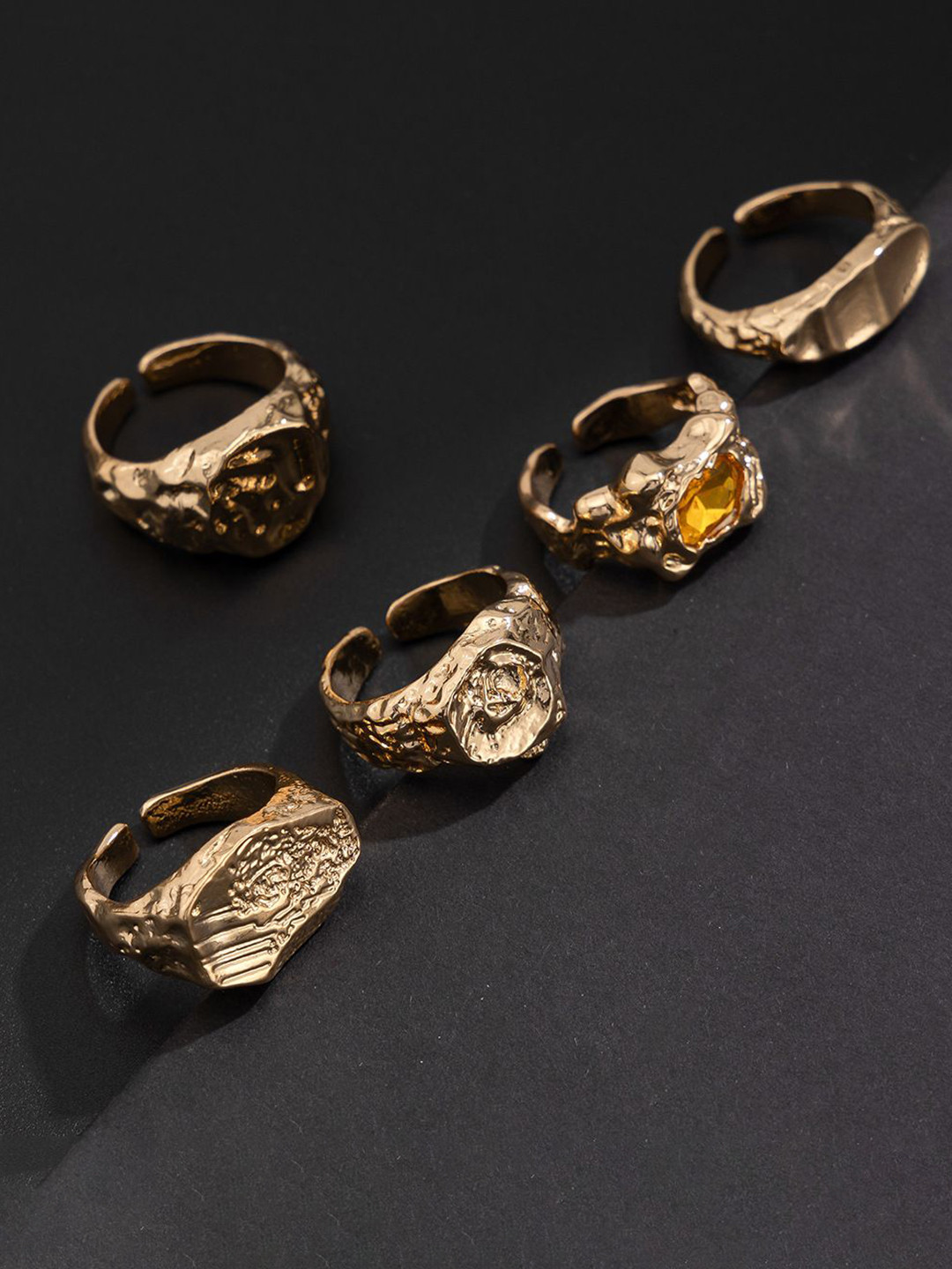 StyleCast x Revolte Men Pack of 5 Gold-Plated Stone Studded Finger Rings