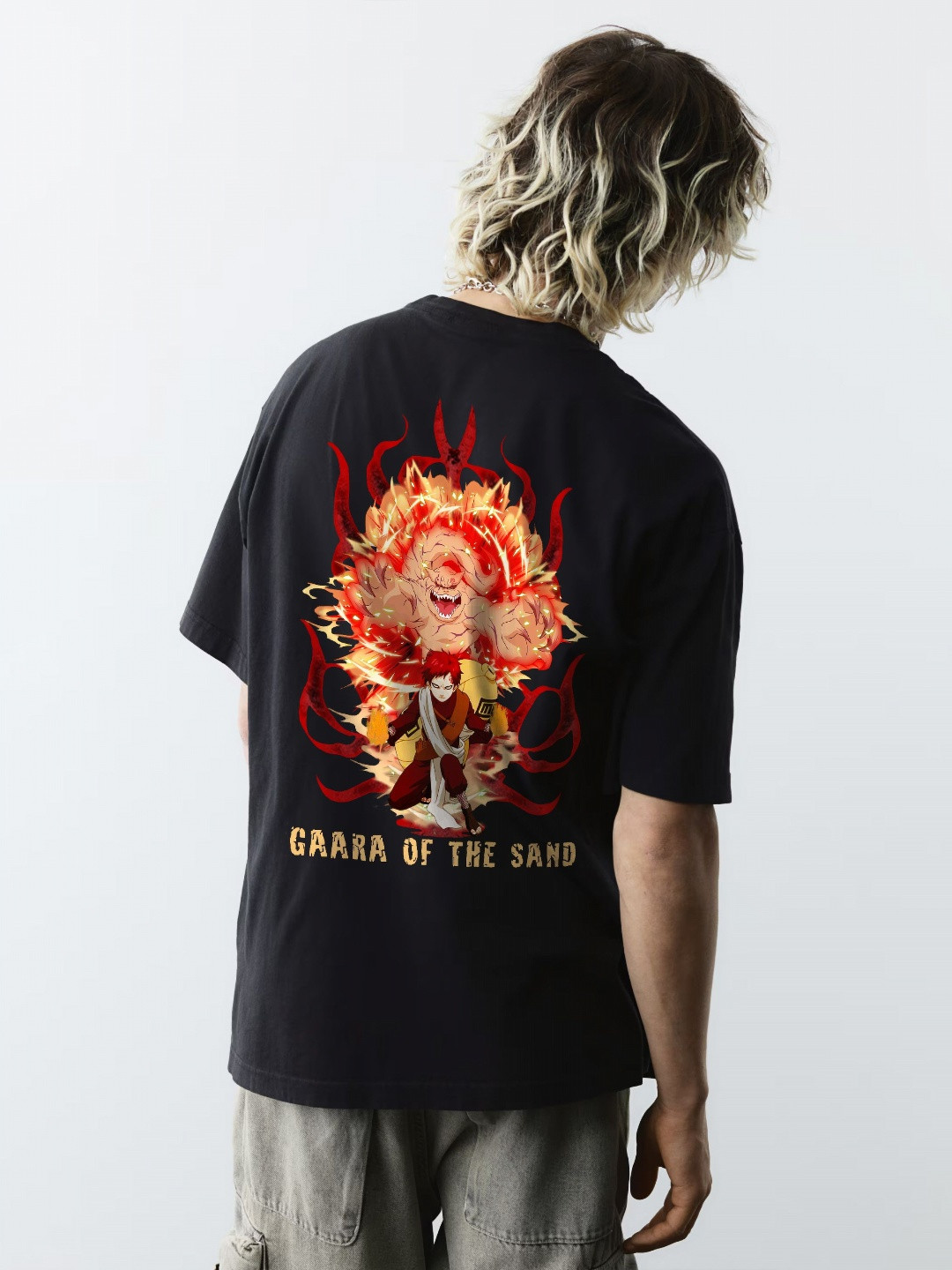 WHITE HUSK Gaara Fire Naruto Anime Printed Cotton Oversized T-shirt