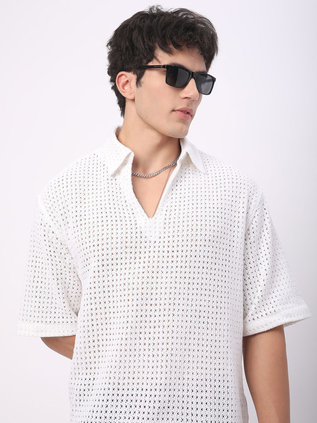 VASTRADO Oversized Classic Crochet Polo Collar Cotton T-Shirt