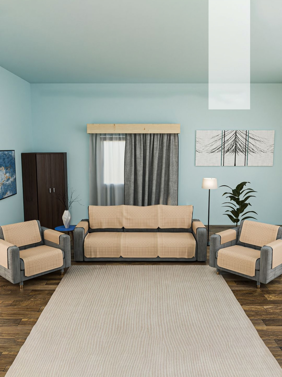 Aura Brown & Beige 16 Pieces Check Maple Printed Cotton 5 Seater Sofa Covers With Arms