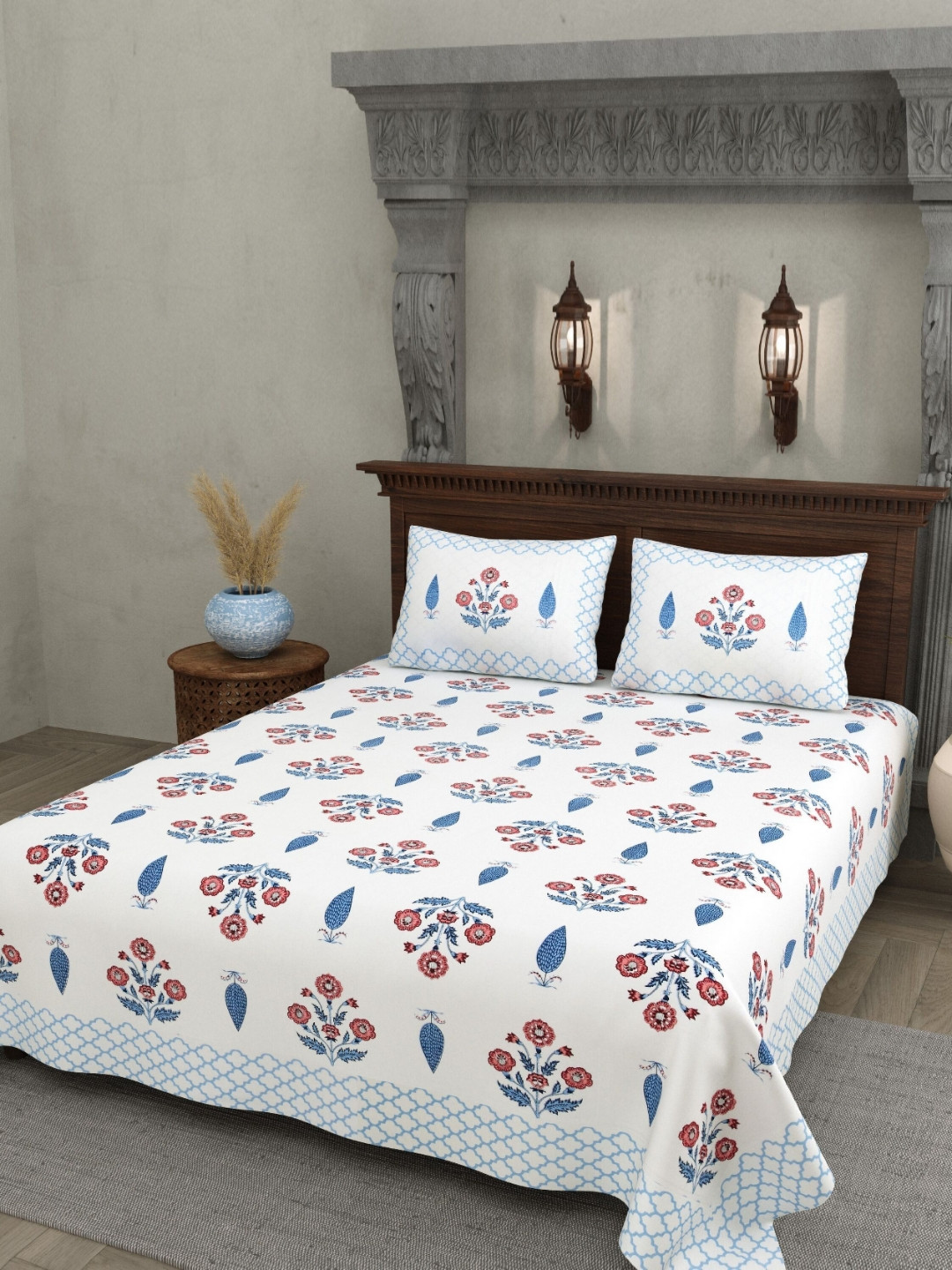 JAIPUR PRIME White Floral Pure Cotton 200 TC Queen Superfine Bedsheet with 2 Pillow Covers-108 x 90 inches