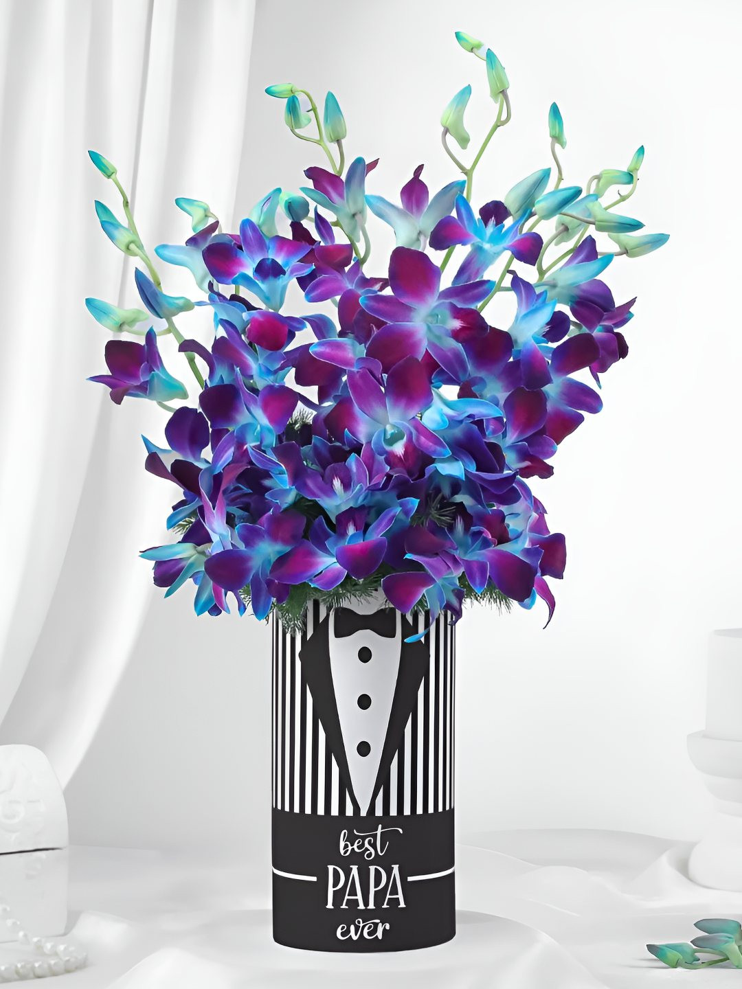 fnp 7-Pcs Blue Orchid & Asparagus Vase Arrangement Fresh Flowers Father's Day Gift