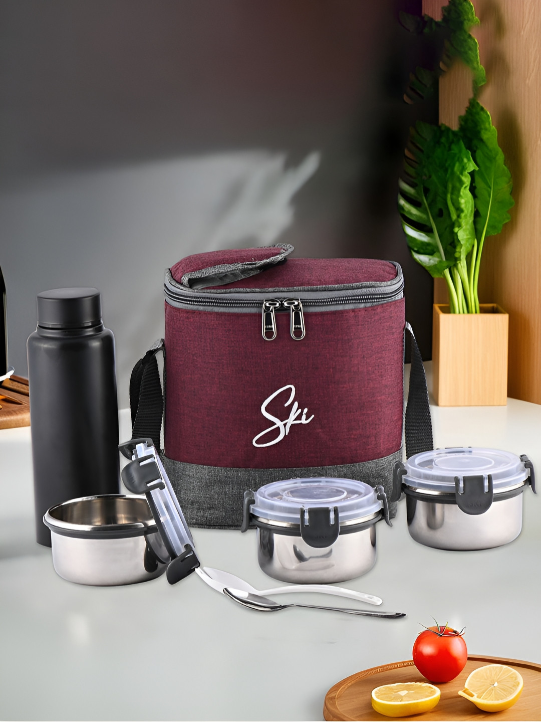 Myntra Elegant Homes Stainless Steel Dishwasher Safe 6PCs Lunch Box With Spoon and Fork